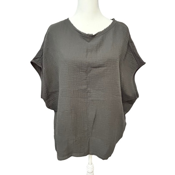 Grade & Gather M Gauze Top Raw Edge Short Sleeve Relaxed Fit women's Gray NWT A3 - Picture 1 of 4